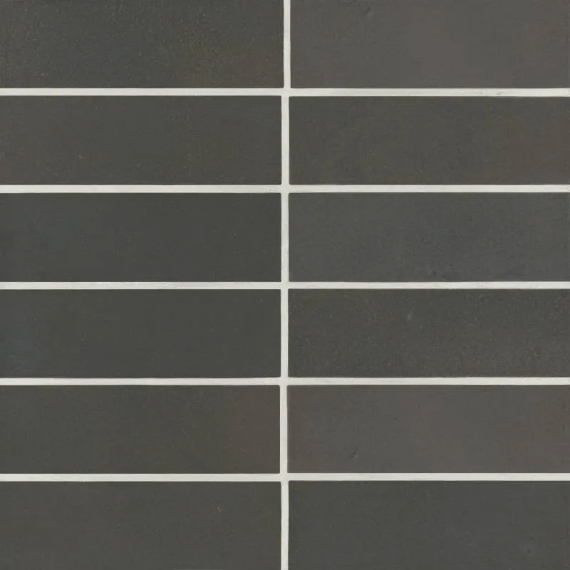 Celine Black Porcelain Backsplash & Wall Tile in matte finish, available in sizes 2x6, 4x4, and 2.5x12
