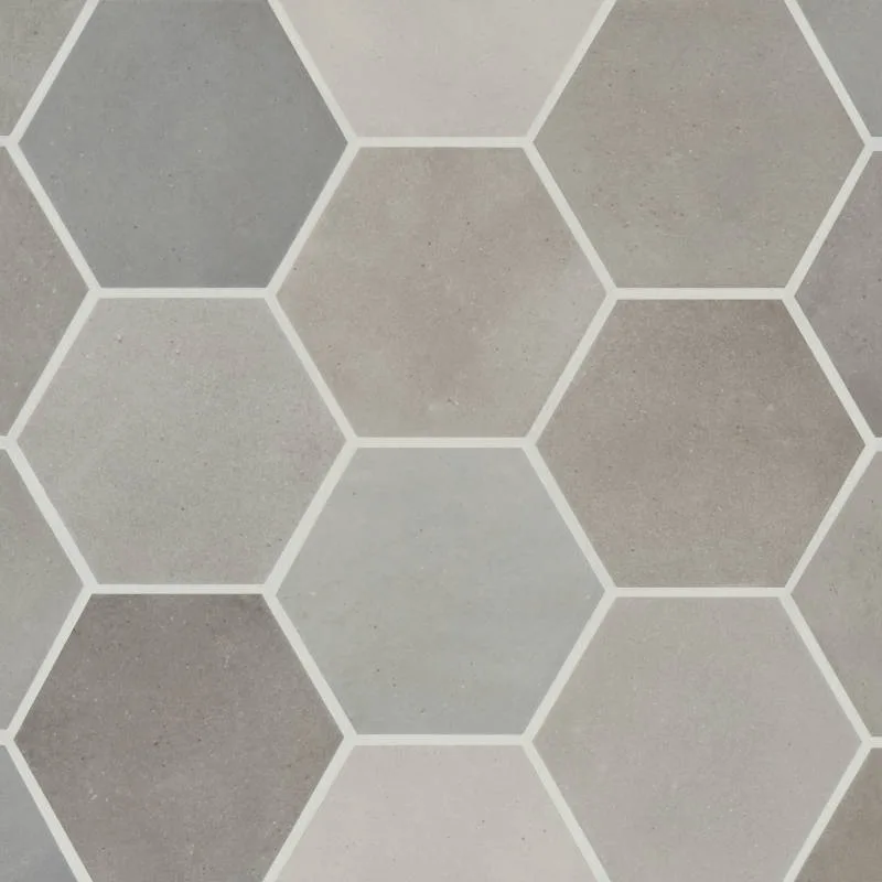Greige porcelain tile from the Celine collection, matte finish, hexagon shape, available in sizes 0.5x8 and 4x5