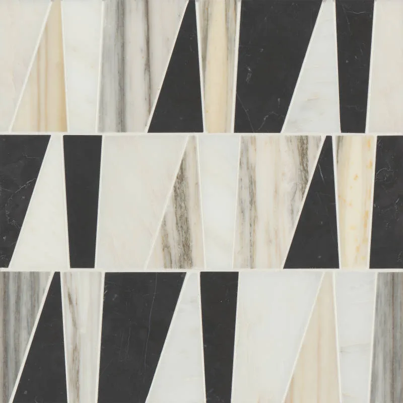 Eastern White, Nero Marquina & Calacatta Zebrino marble mosaic tile, honed finish, 11.75x12.75 size