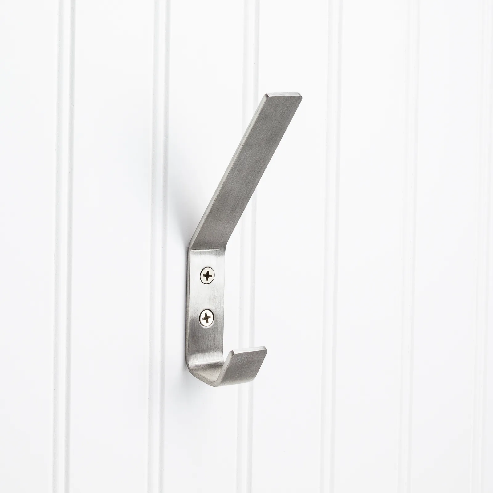 5-9/16" Double stainless steel wall mount hook, stainless steel finish, decorative hardware