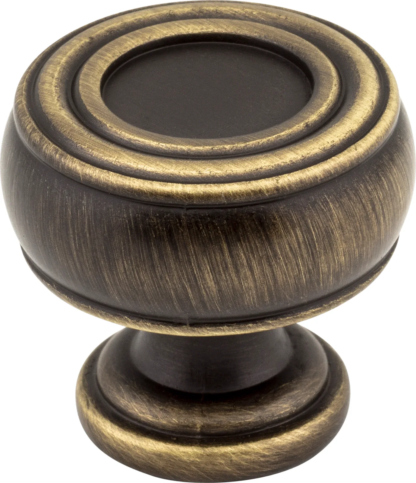 Bremen 2 Barrel Cabinet Knob in Antique Brass, 1-3/16" diameter, decorative hardware by Jeffrey Alexander