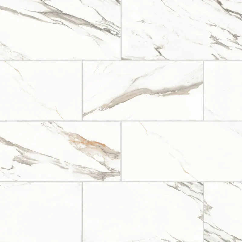 Calacatta Borghini Warm porcelain tile in honed and polished finishes, available in 3x24, 12x24, and 24x48 sizes