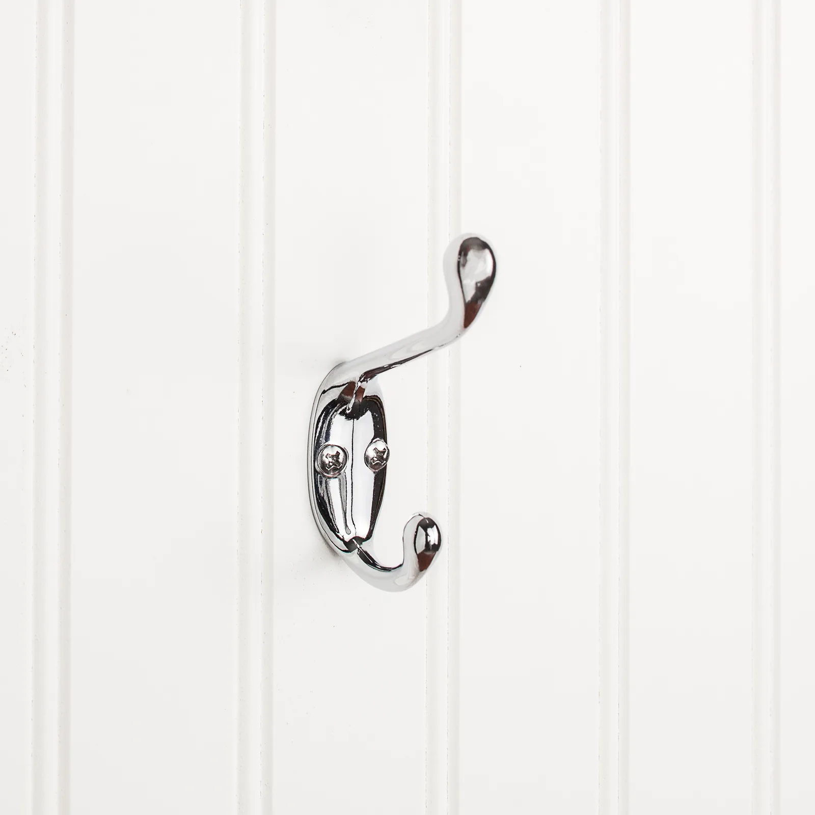 3-3/8" Double zinc wall mount hook in polished chrome finish, decorative hardware for stylish organization