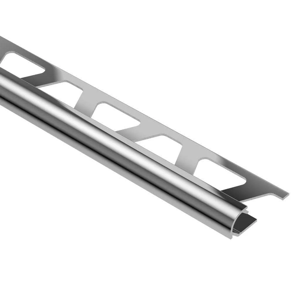 Schluter Rondec 3/8" Transition Molding in Polished Chrome finish, elegant metal design for seamless flooring transitions