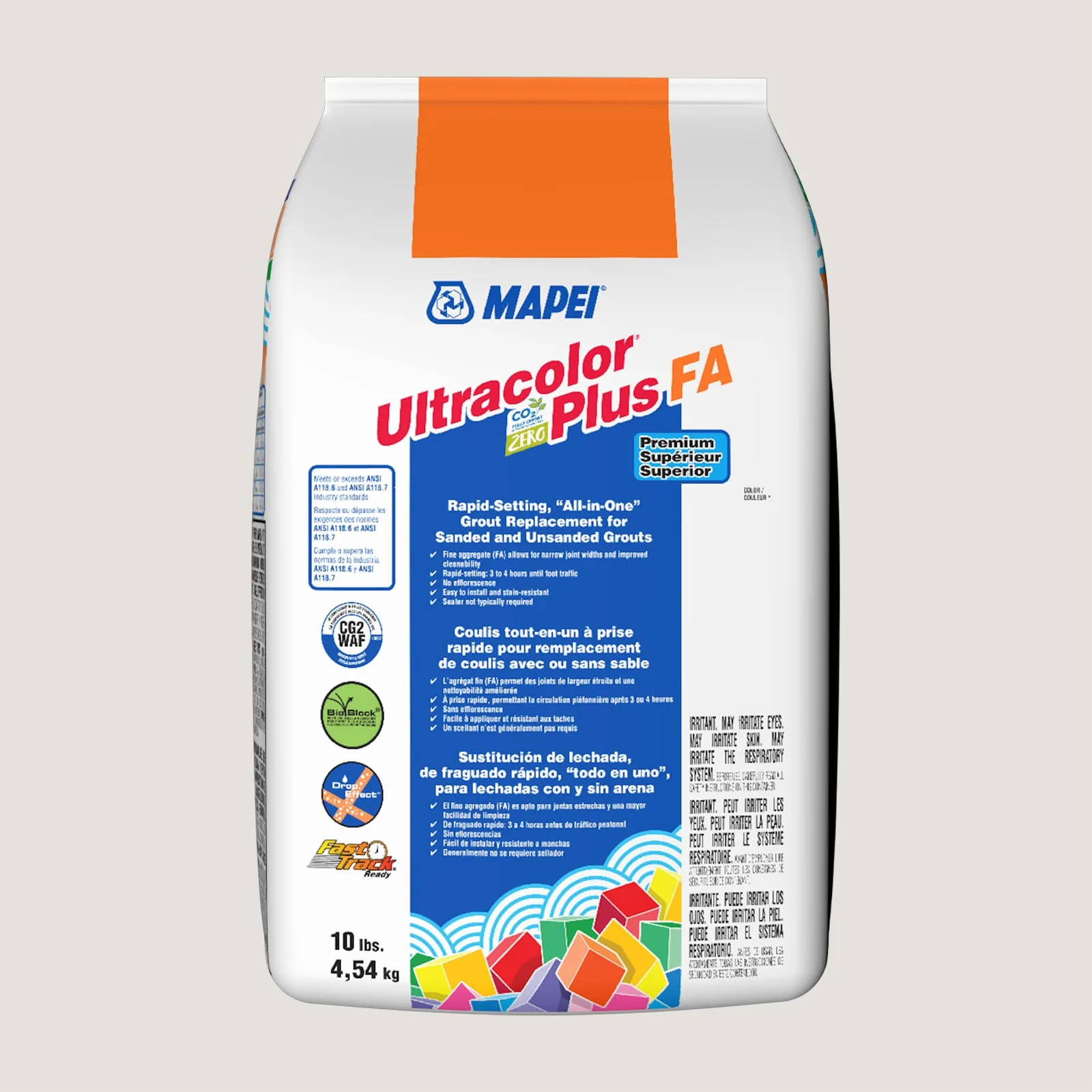 Mapei Ultracolor Plus FA Moonbeam grout 10-lb package, soft gray color, all-in-one grout material