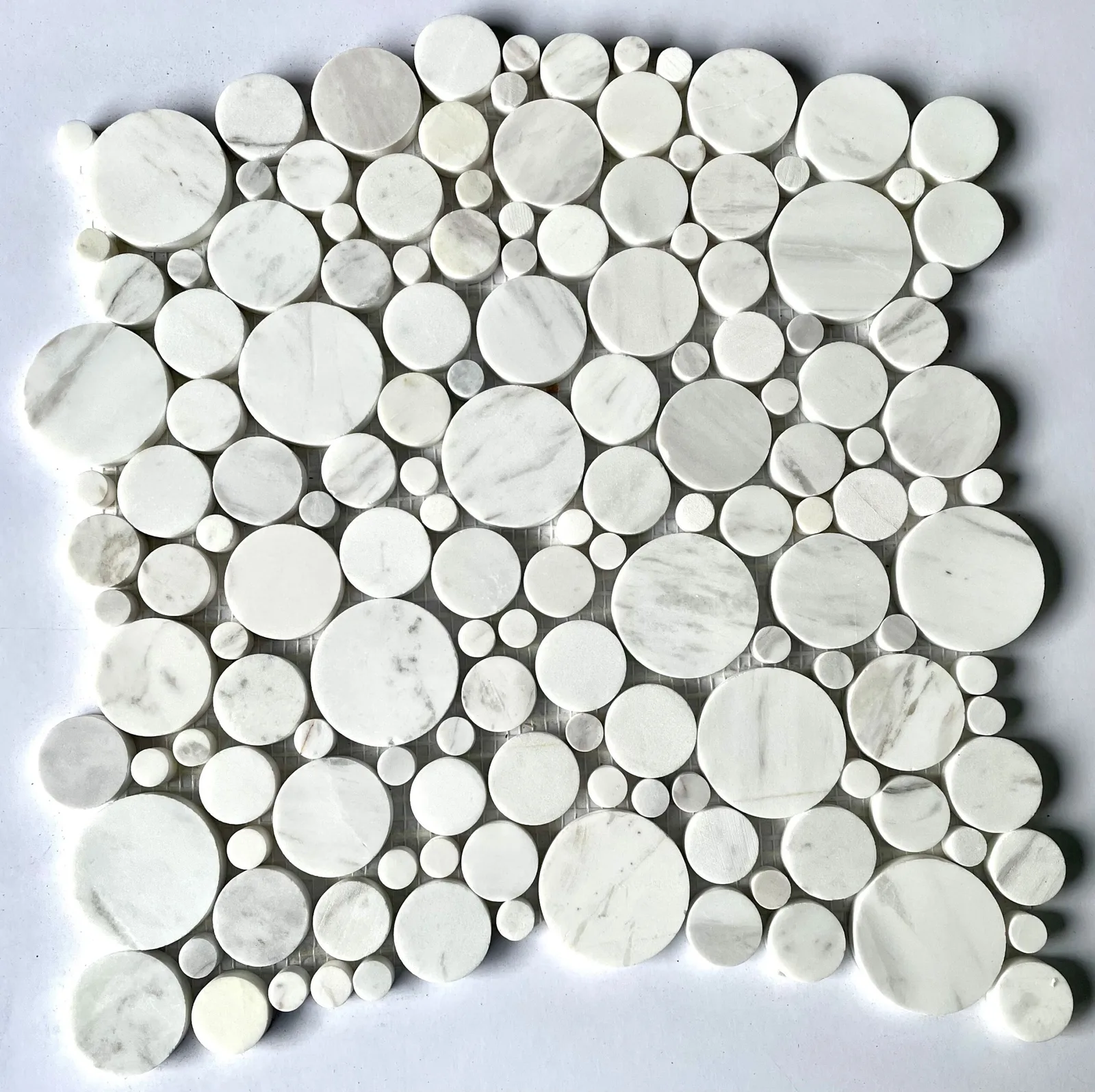 Penny Round - Carrara White Mosaic Tile, 12x12, Marble, Big & Small Shapes