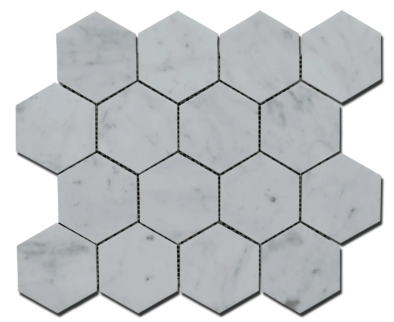 Carrara White 3" Hexagon Mosaic Tile in honed and polished marble finish, perfect for wall and floor applications