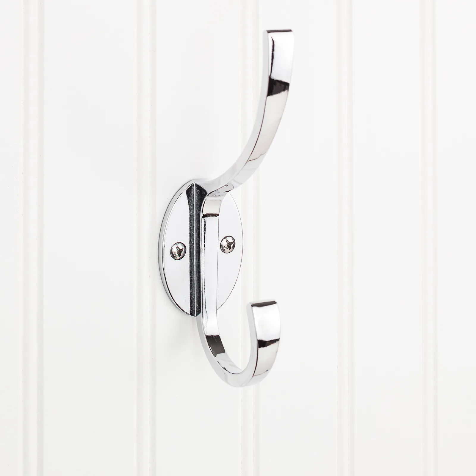 5-7/8" double zinc wall mount hook in polished chrome finish, decorative hardware
