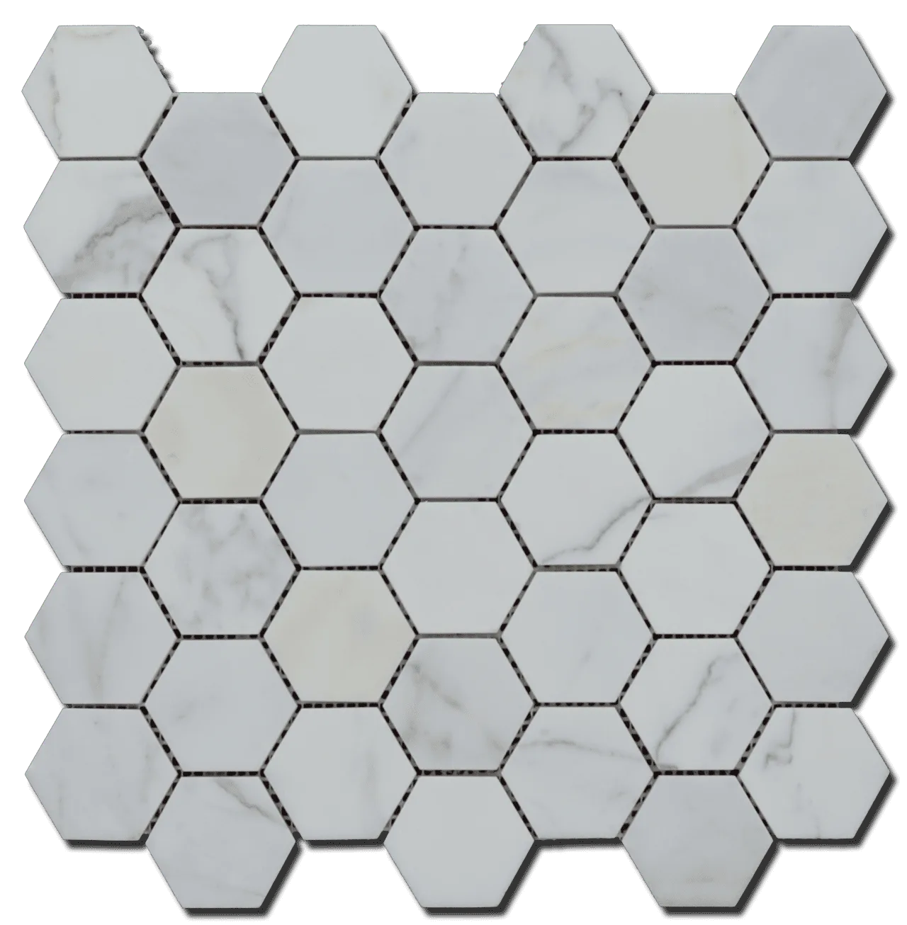 Calacatta Gold 2" Hexagon Mosaic Tile in polished and honed finish, marble material