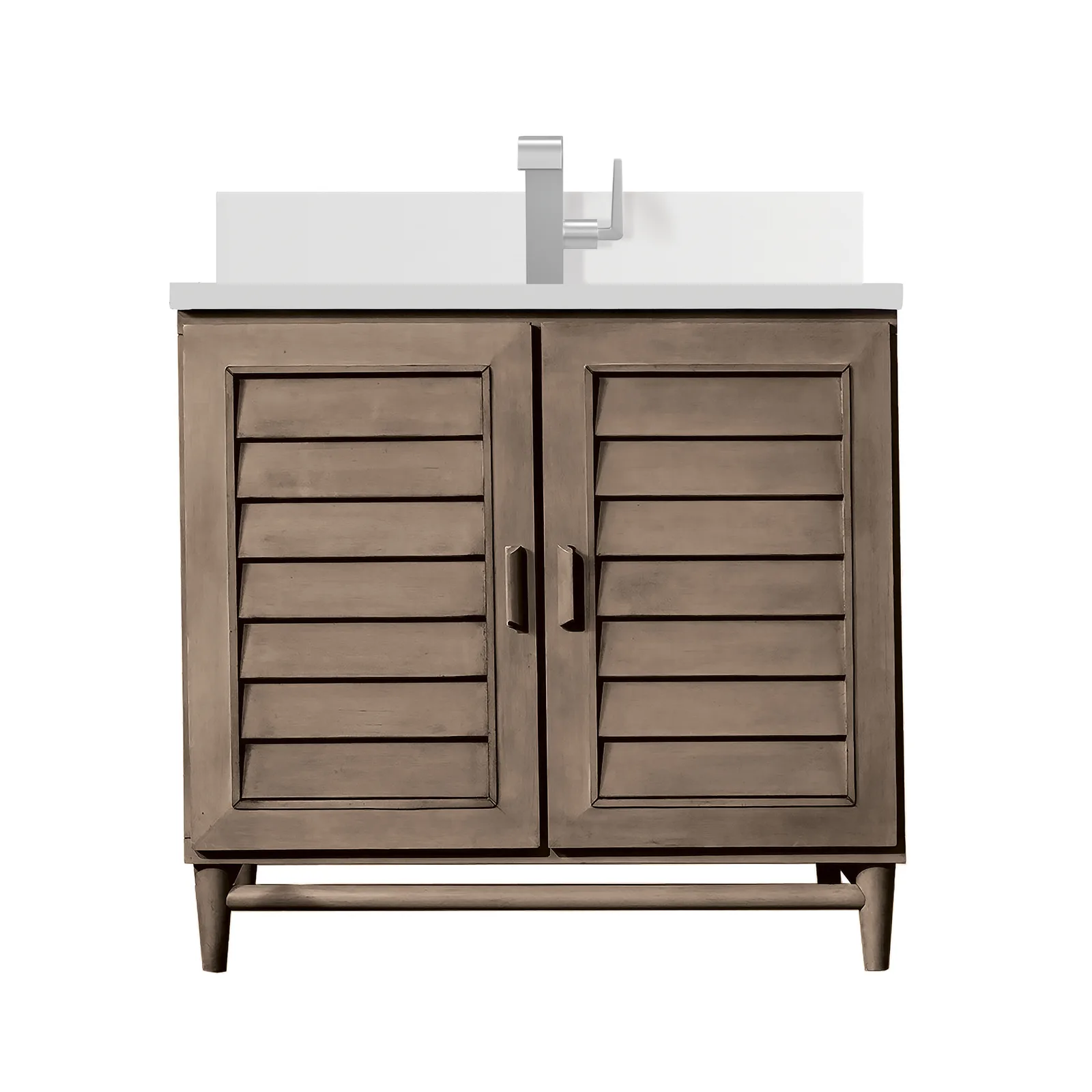 Portland 36" Vanity in Whitewashed Walnut finish, maple material with Silestone countertop, freestanding design