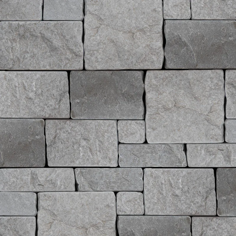 Grey Tumbled Ledgers 8x22 and 8x18 marble stacked stone panels by Bedrosians