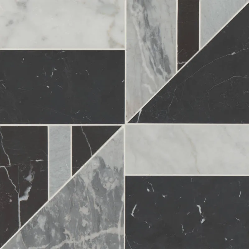 White Carrara and Nero Marquina marble mosaic tile in honed finish, 16x16 and 12x12 sizes, suitable for floors and walls.