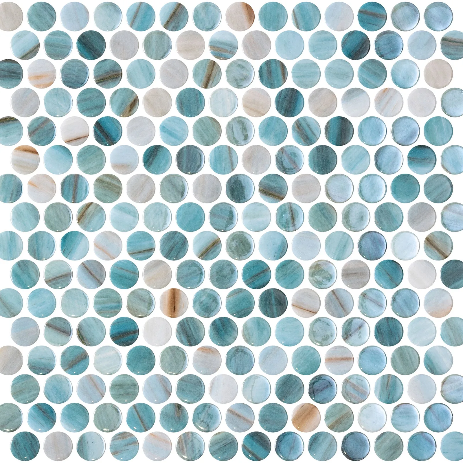 Onix Glass Penny Iridis Mosaic Tile in Zaira, Delbin, and Zoe colors, glossy finish, 3/4x3/4 size, glass material