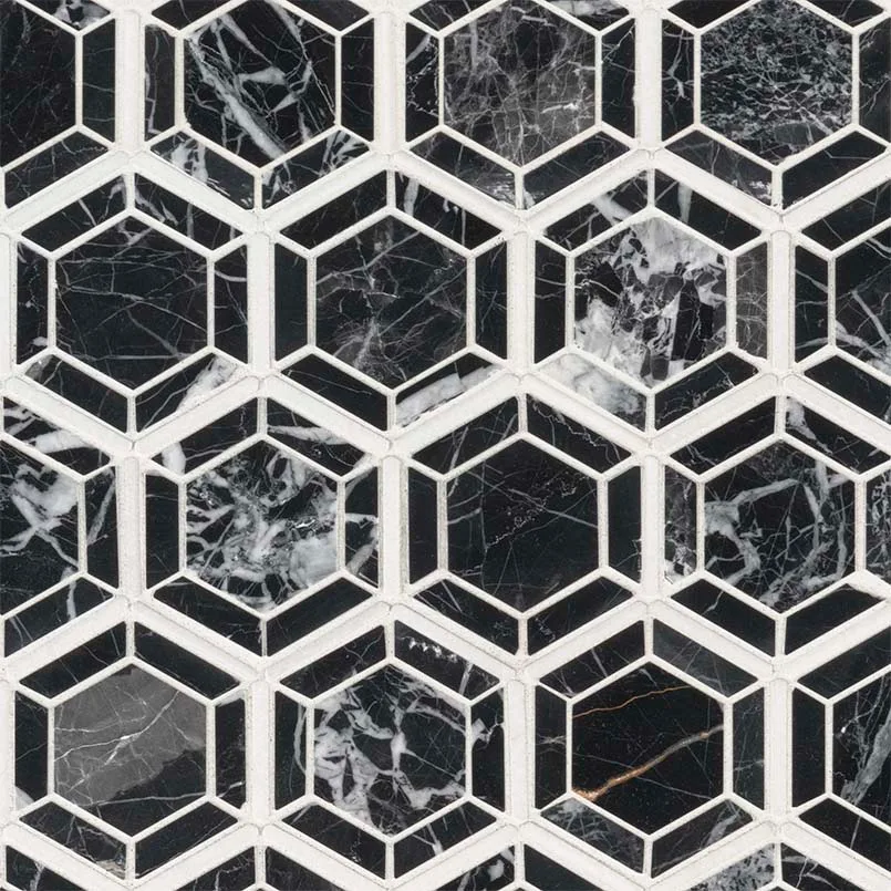 Hexagono Nero polished mosaic tile in black color, 3/8 thickness, perfect for modern home decor