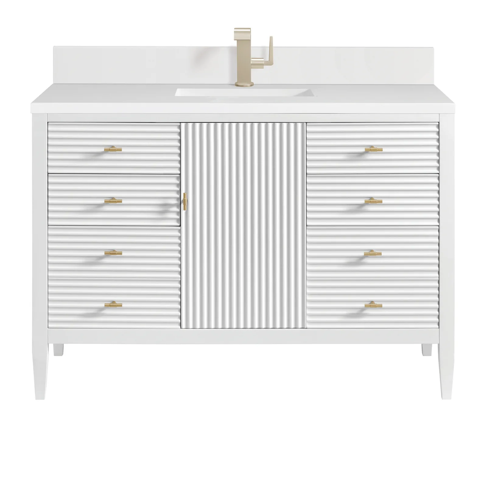 Myrrin 48" Vanity in Carbon Oak finish, made of Ash and Parawood, featuring modern design and fluted details.