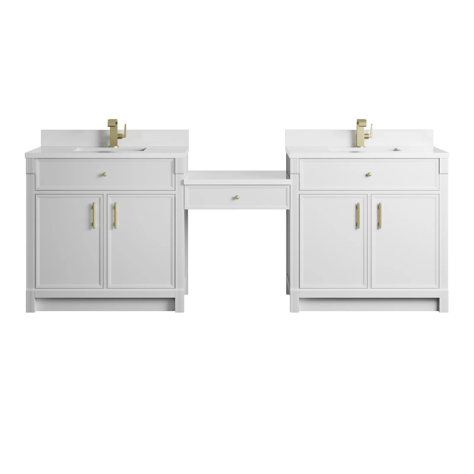 Bellshire 96" Vanity in Bright White with Champagne Brass hardware and porcelain sinks, made from poplar wood.