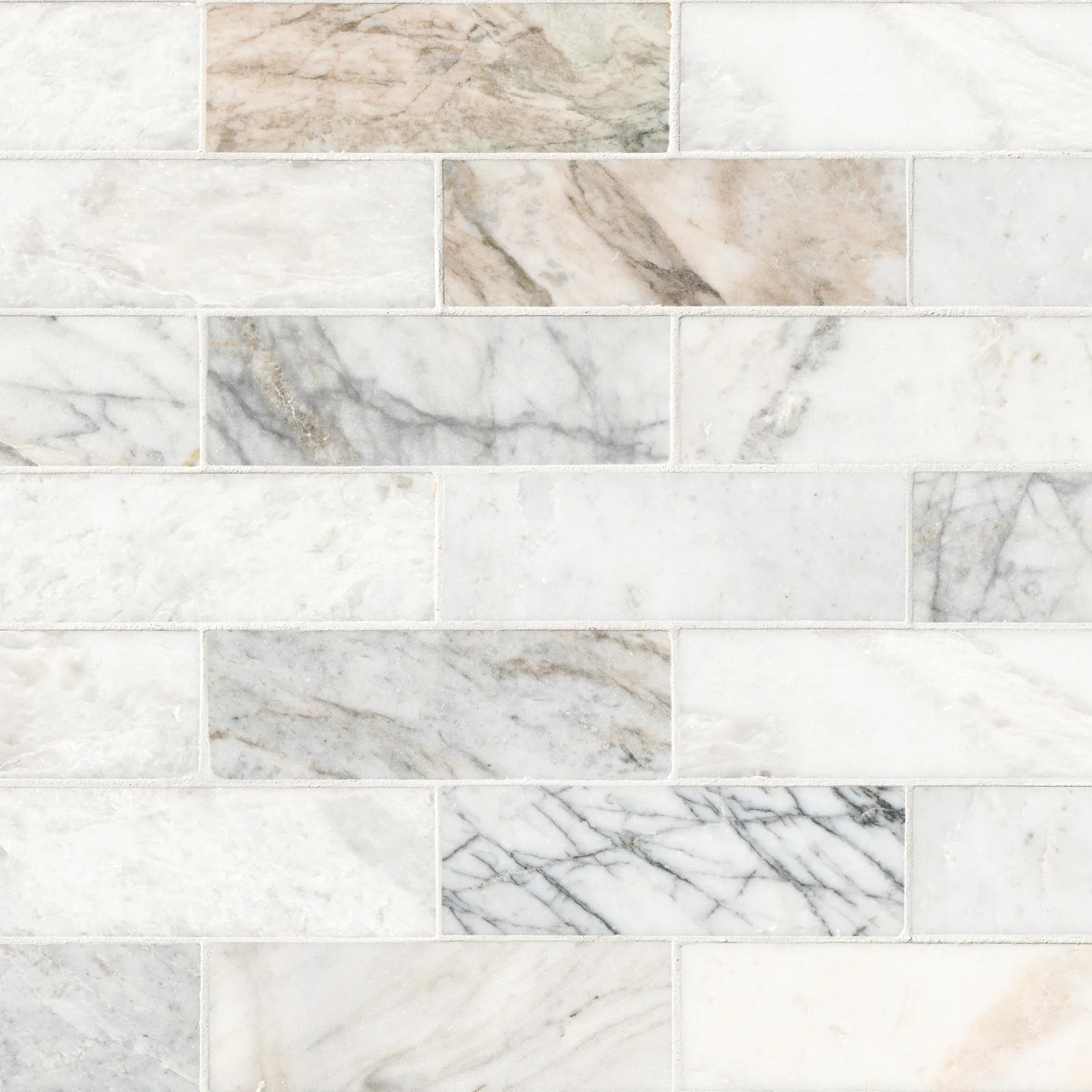 Arabescato Venato White Tile 2x6 and 4x12 honed natural stone with warm white finish