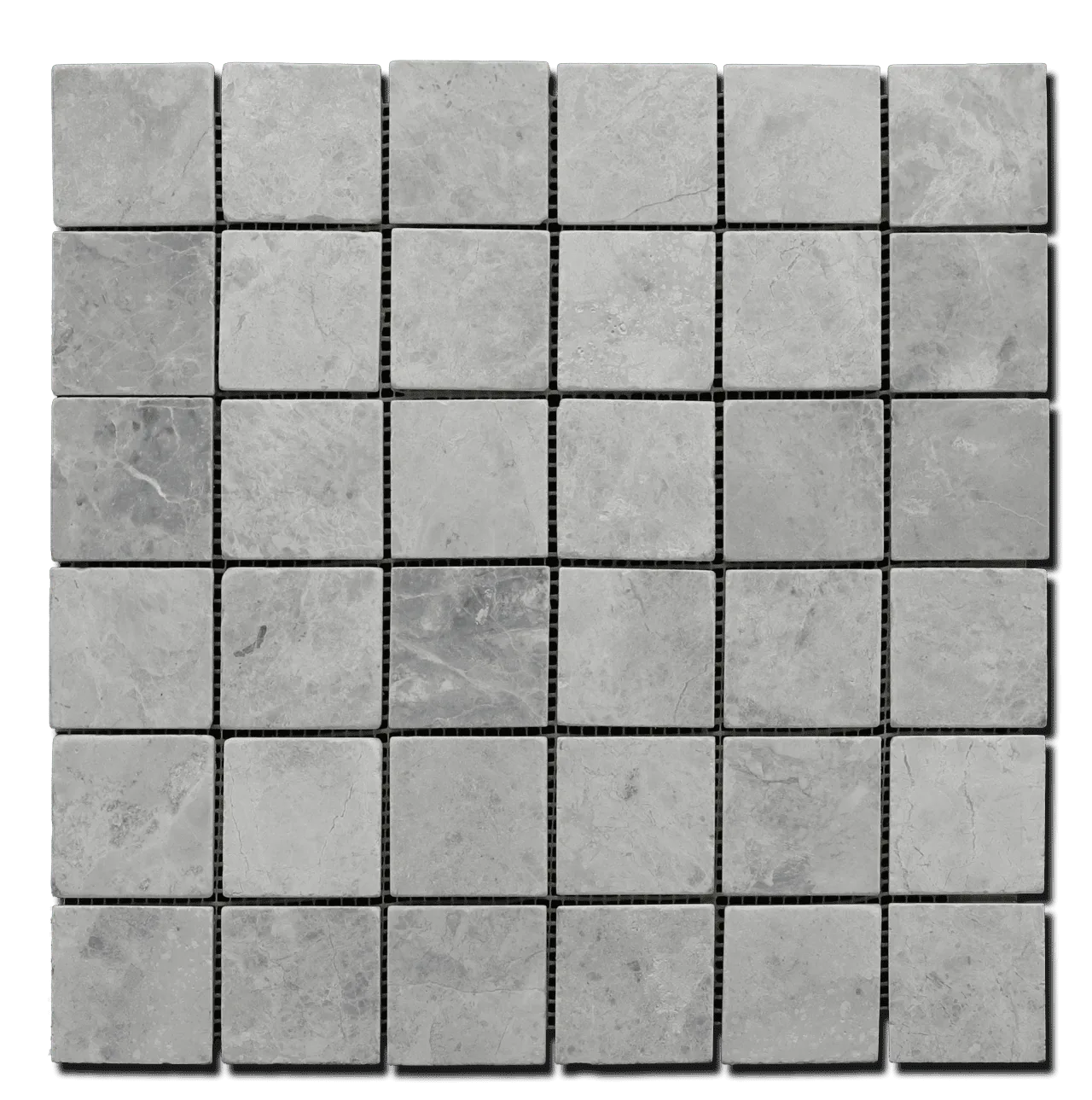 Tundra Grey Square Mosaic Tile - tumbled marble finish, 8.5mm thickness, suitable for floor and wall applications