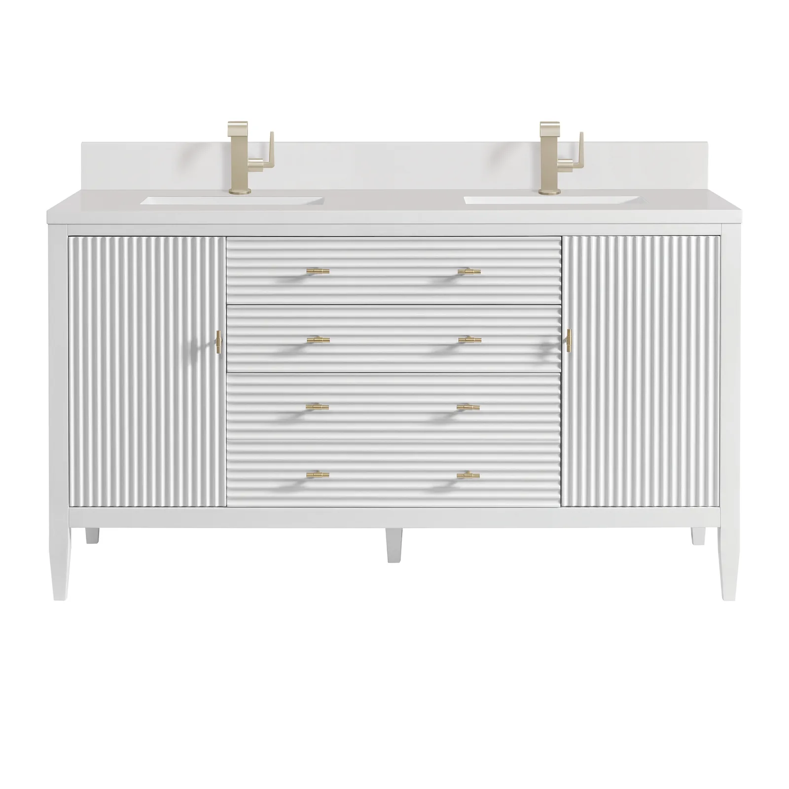 Myrrin 60.0" Vanity in Carbon Oak finish, made of parawood with fluted details and undermount sinks.