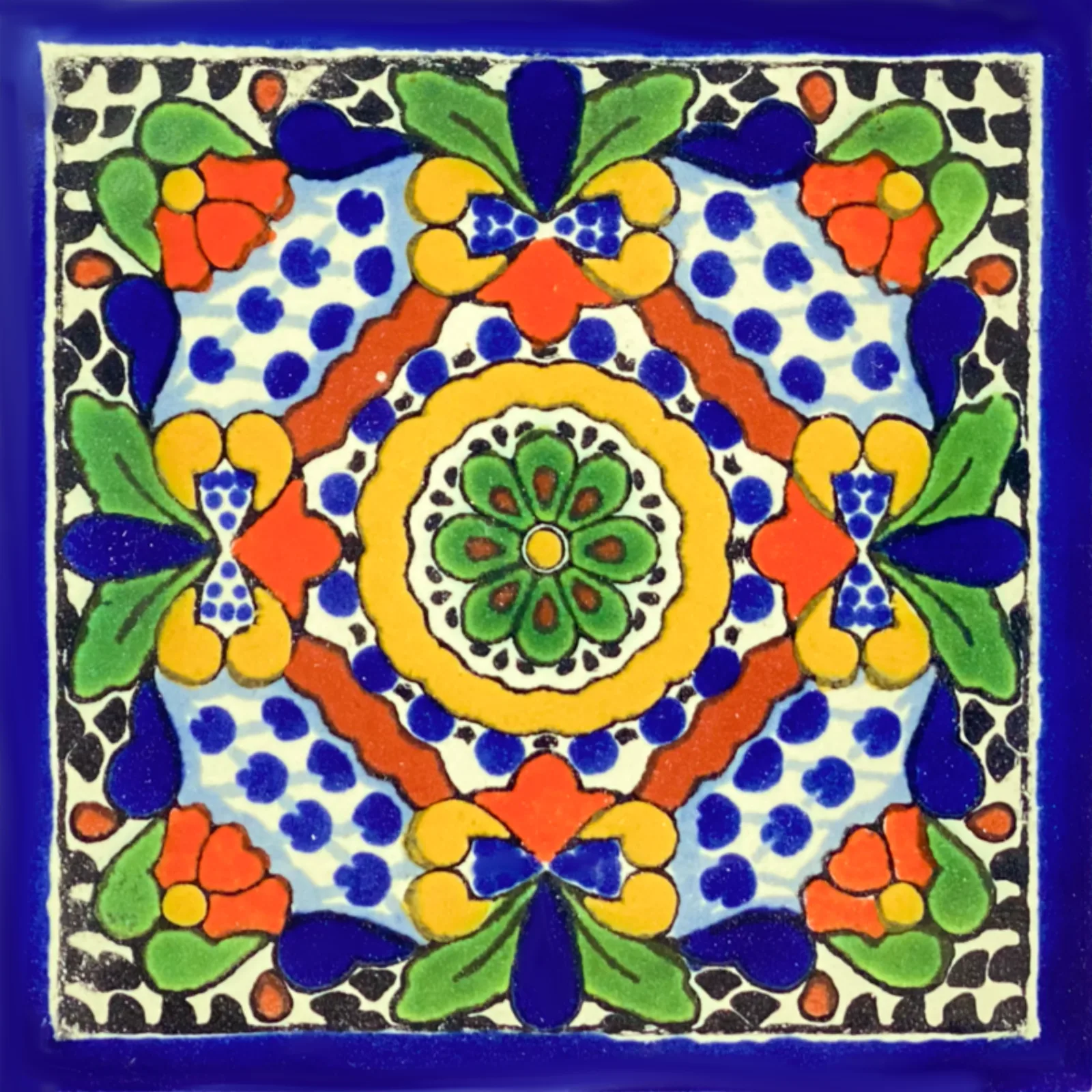L149 Ponferrada Talavera Tile in glazed finish, available in 4x4 and 6x6 sizes, handcrafted ceramic material