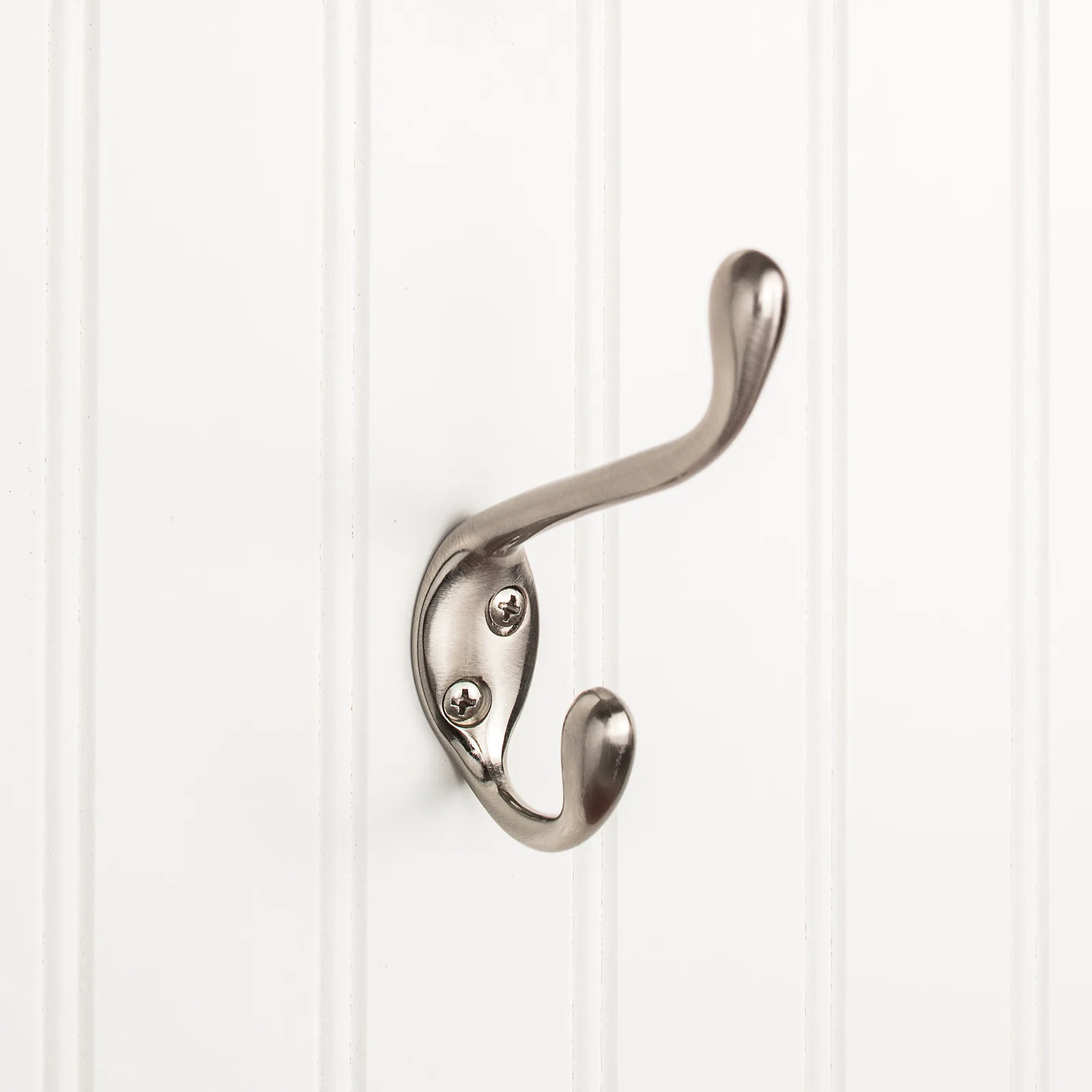 Satin Nickel 4-1/2" Double Zinc Wall Mount Hook, decorative hardware in satin nickel finish, ideal for stylish organization