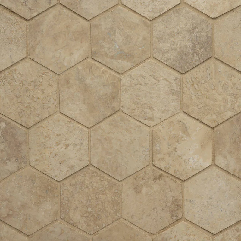 Durango 10" honed hexagon travertine tile in natural stone finish