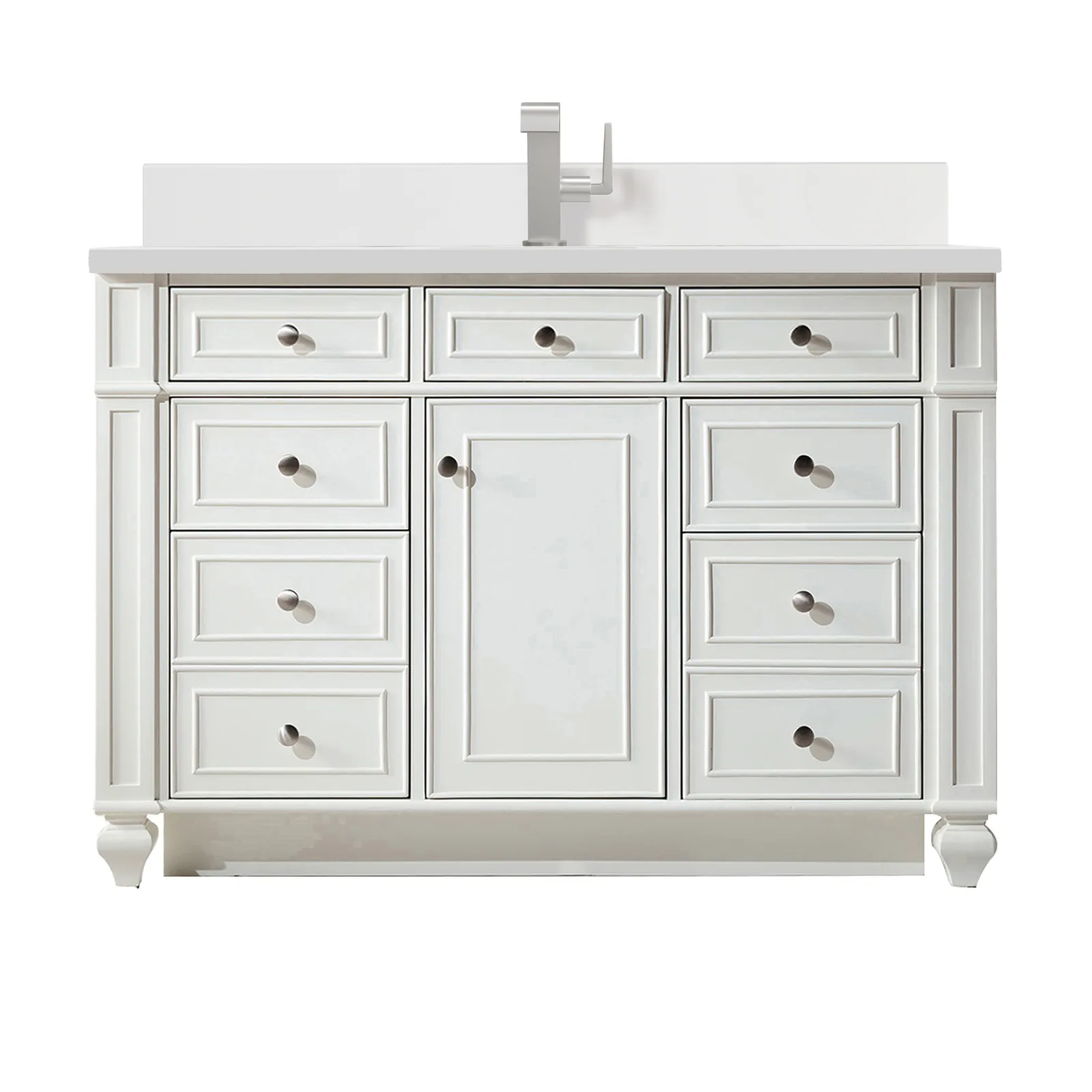 Bristol 48" Vanity in Whitewashed Walnut with Silestone countertop and backsplash, featuring elegant design and ample storage.