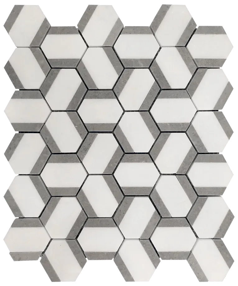 Elemental Hex Grey marble mosaic tile, polished finish, 11-3/4x10 inches, ideal for interior applications