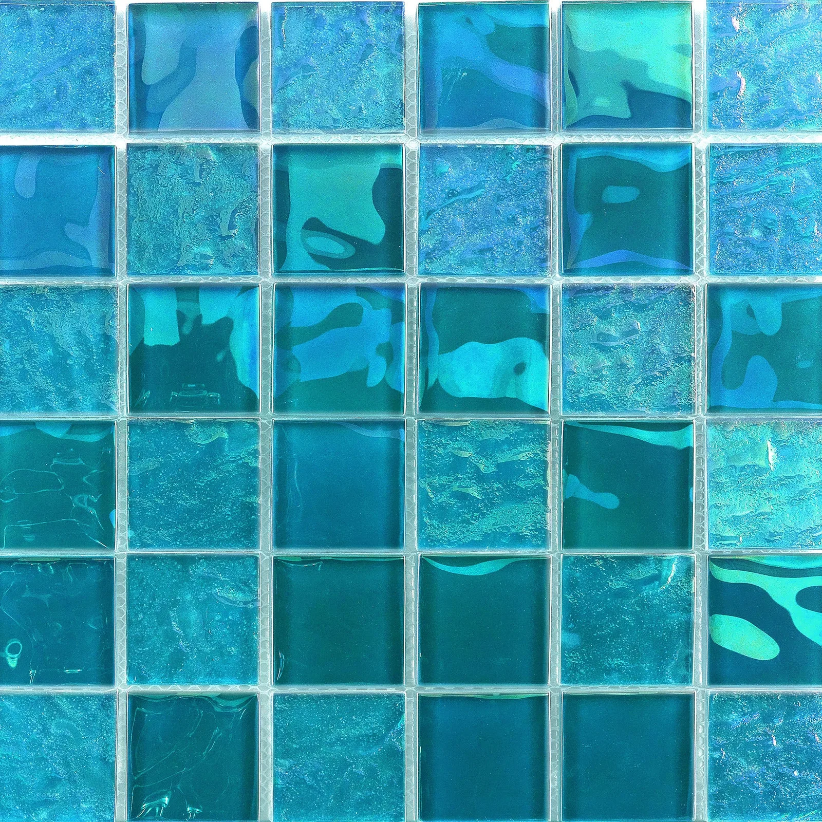 Vidrofina Iridescent Mosaic Tile in Ocean Blue Glass, glossy finish, 2x2 size, porcelain material