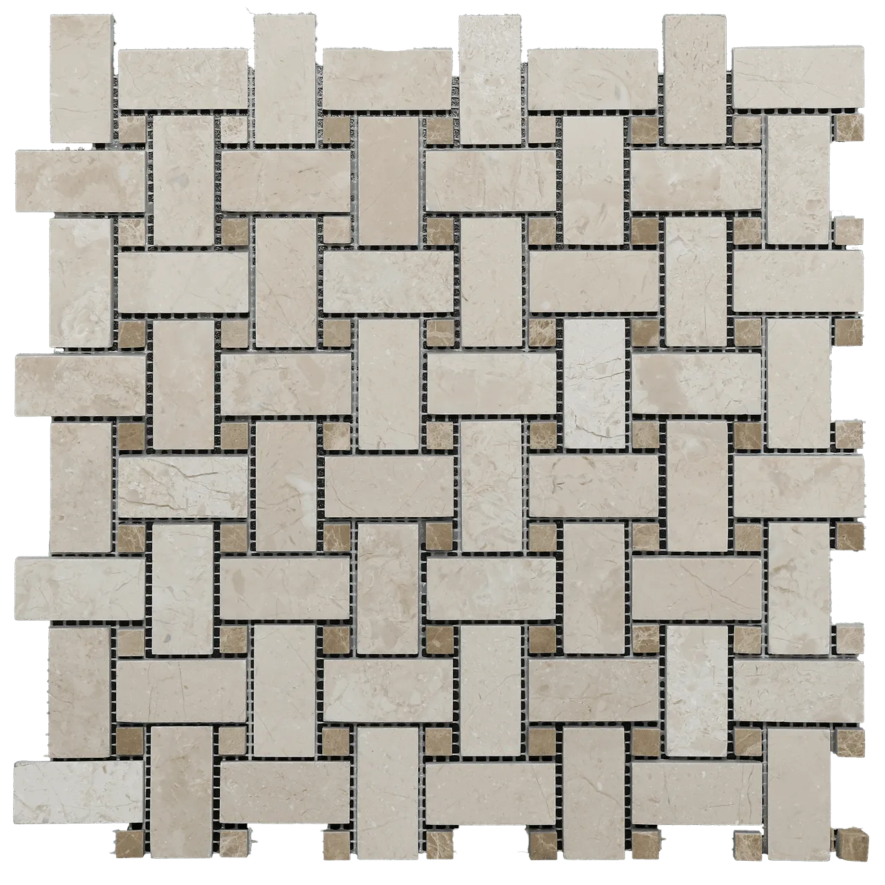 Sandy Beige Basketweave Mosaic Tile in polished marble, 8.5mm thick, featuring a unique basketweave pattern.