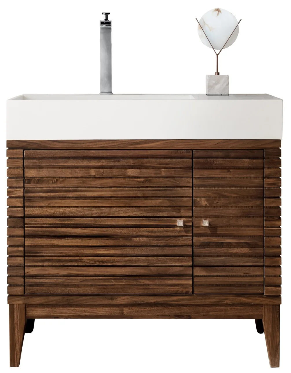 Linear 35.38" Vanity in Mid-Century Walnut with Glossy White Countertop and Satin Nickel hardware