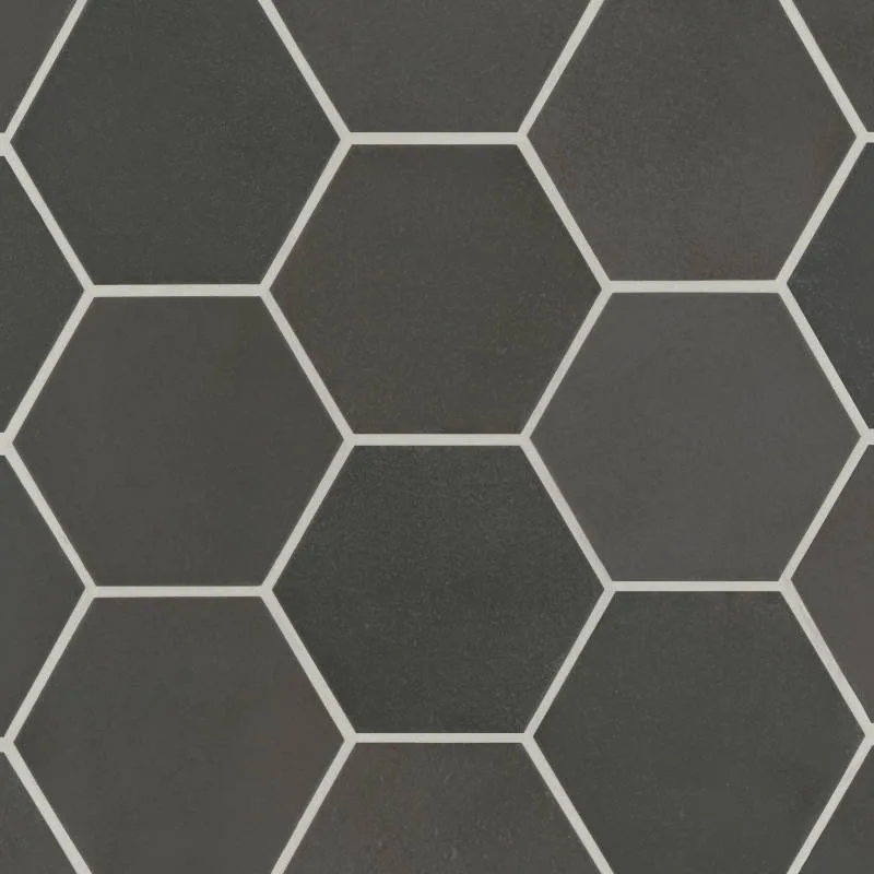 Celine Black Hexagon Porcelain Tile - Matte Finish 4x5 and 0.5x8 sizes