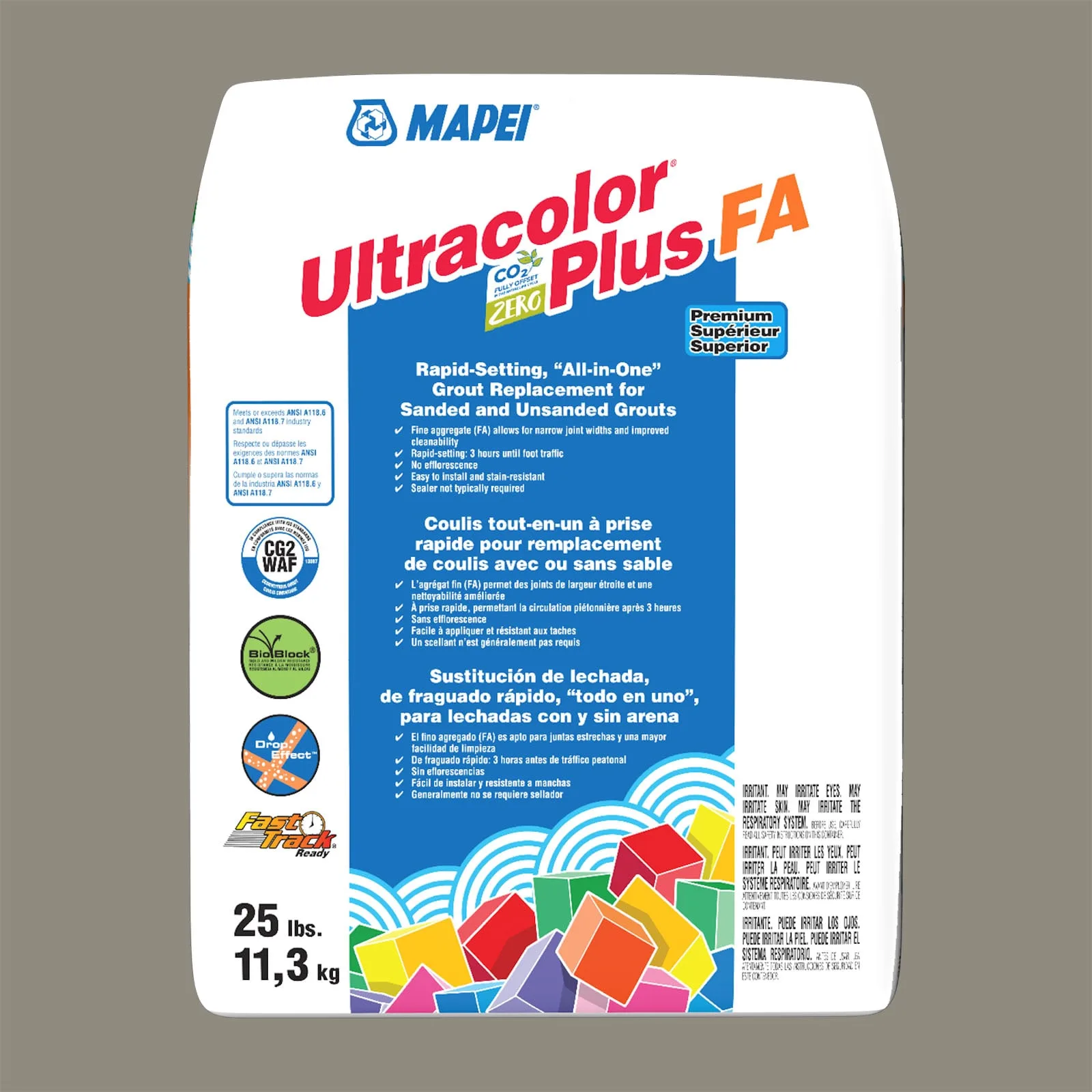 Mapei Ultracolor Plus FA Pewter Grout 25-lb bag, all-in-one grout in a modern pewter color, suitable for various flooring applications.