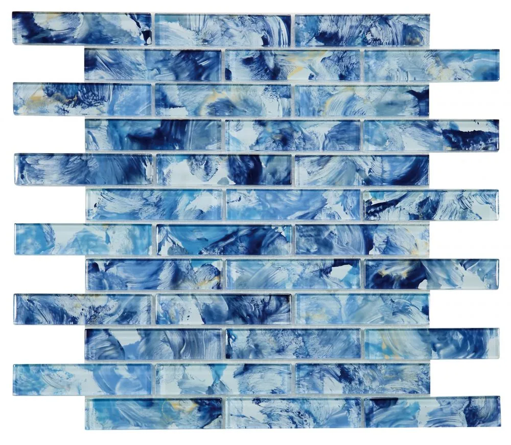Linear Glass Watercolor Blue Mosaic Tile 11.75x11.75 inches, glass material, linear design