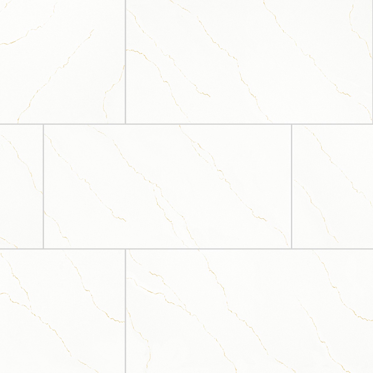 Miraggio Gold Porcelain Tile in White-Cool with subtle gold veins, available in polished and matte finishes, sizes 12x24 and 24x48