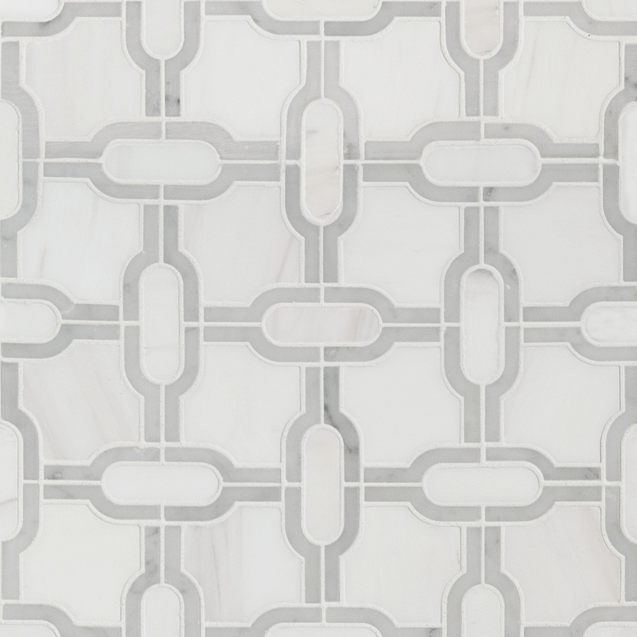 Bianco Gridwork mosaic tile in polished finish, 3/8 inch thick, natural stone material