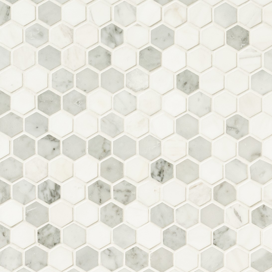 Binaco Dolomite Tibi mosaic tile in polished finish, hexagon shape, 1 inch size, dolomite material