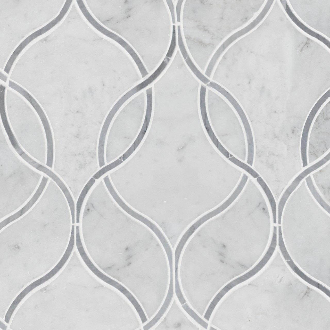 Carrara White Ellipsis Mosaic Tile, polished finish, 3/8 inch thickness, made of Carrara white stone