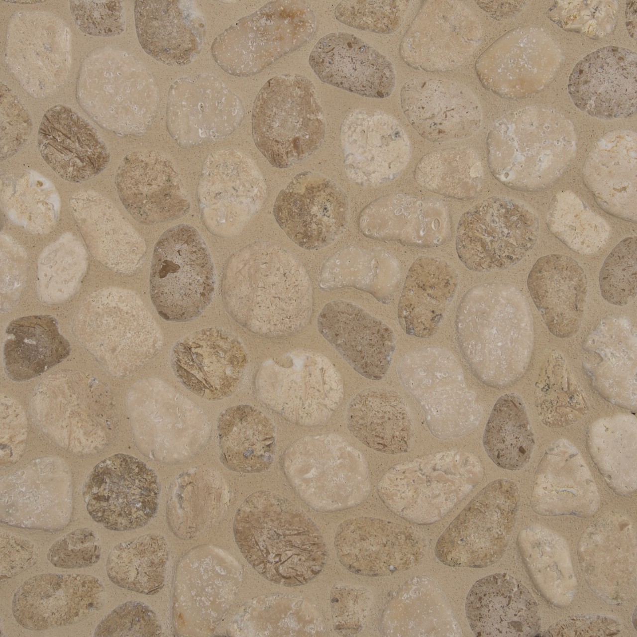Travertine Blend Pebbles Mesh Backed in natural tones, tumbled finish, 3/8 inch thickness, perfect for mosaic tile applications.