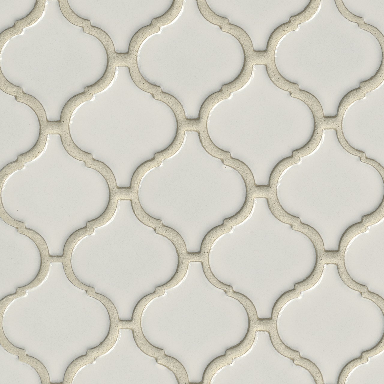 Bianco Arabesque mosaic tile in glossy finish, 1/4" and 3/8" thickness, perfect for sophisticated interior design