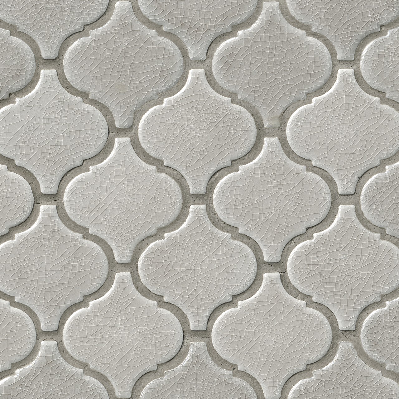 Fog Arabesque Mosaic Tile in glossy finish, 1/4 inch thickness, light gray color, elegant arabesque pattern, perfect for modern interiors.