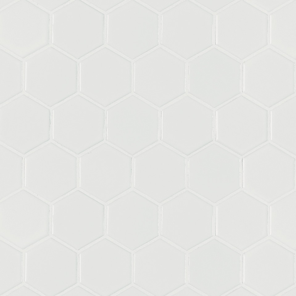 White Matte 2" Hex 6mm Mosaic Tile in cool white color with a matte finish, made from porcelain