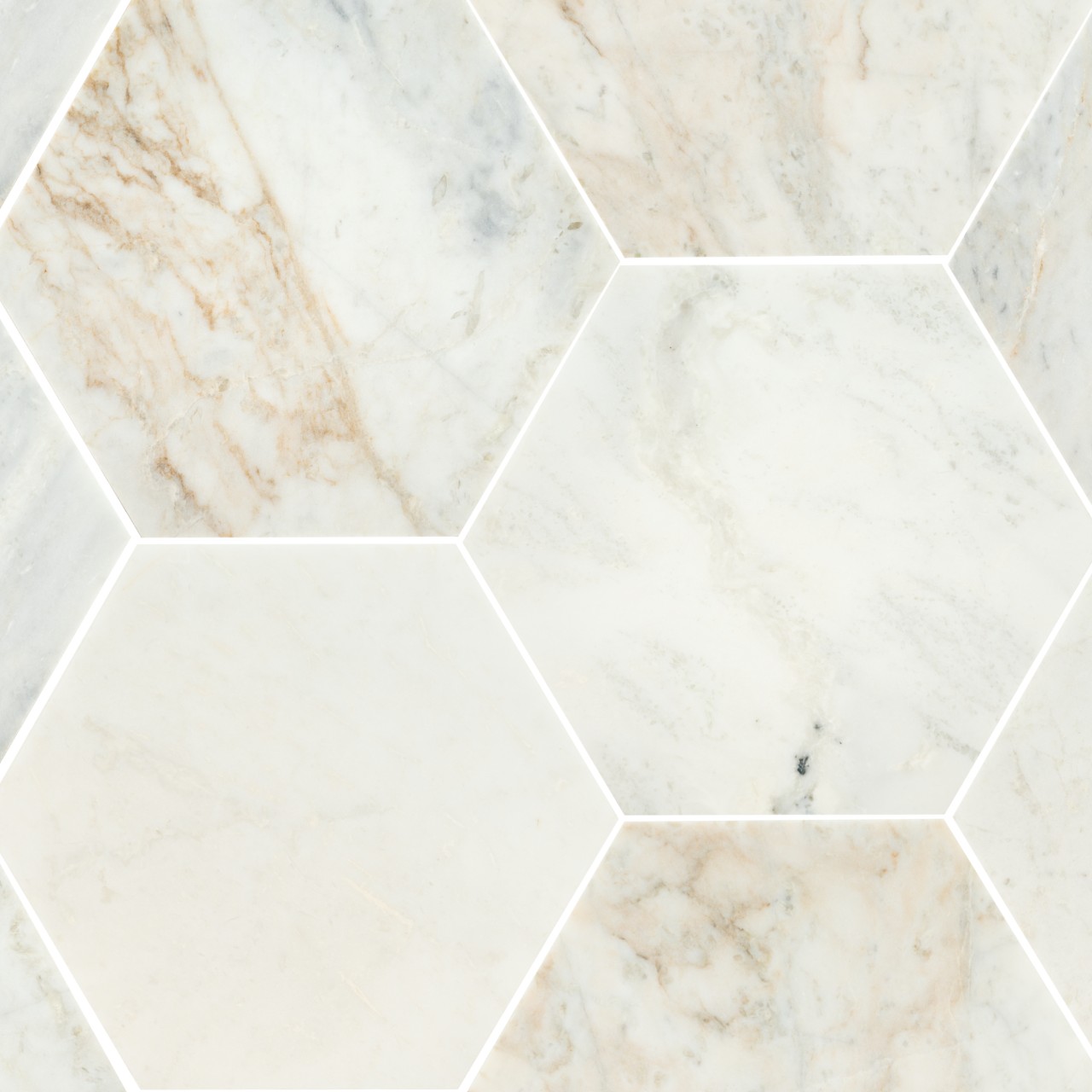 Arabescato Venato 8" Hexagon Mosaic Tile in warm white honed finish, marble material