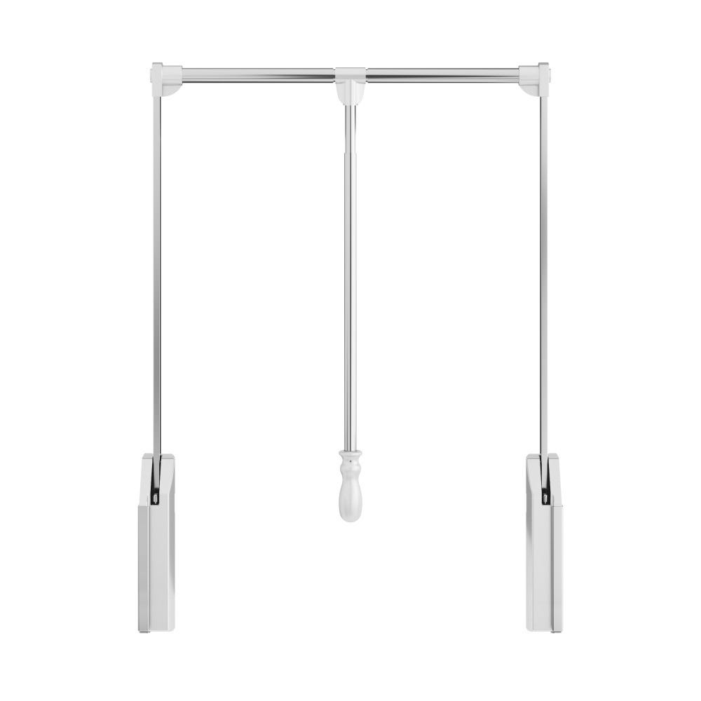 Soft-Close Wardrobe Lift in polished chrome finish, adjustable from 25-1/2" to 35", made of steel tubing with silver plastic housing.