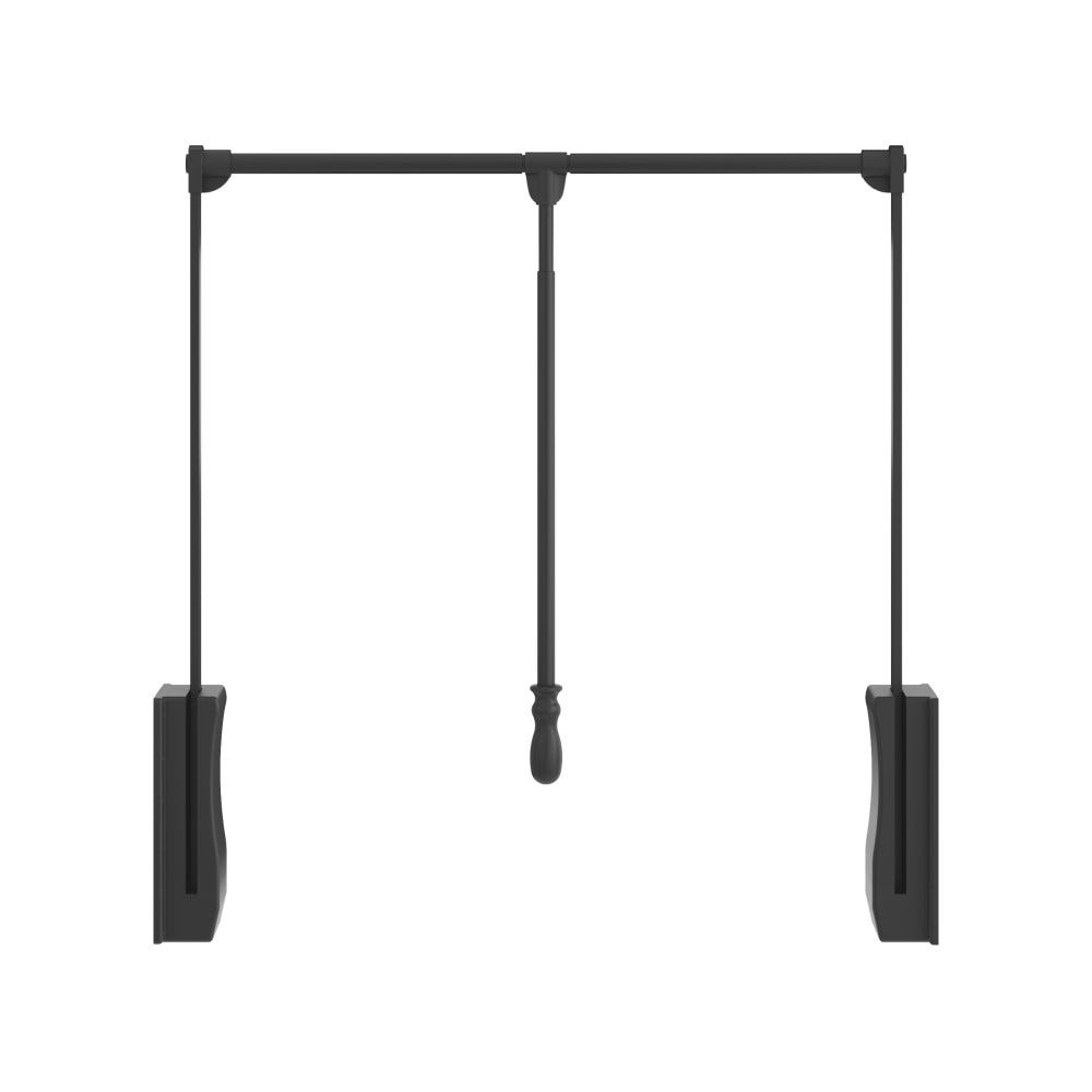 33" to 48" Expanding Wardrobe Lift in black powder-coated tubing with black plastic accents, designed for optimal closet organization.