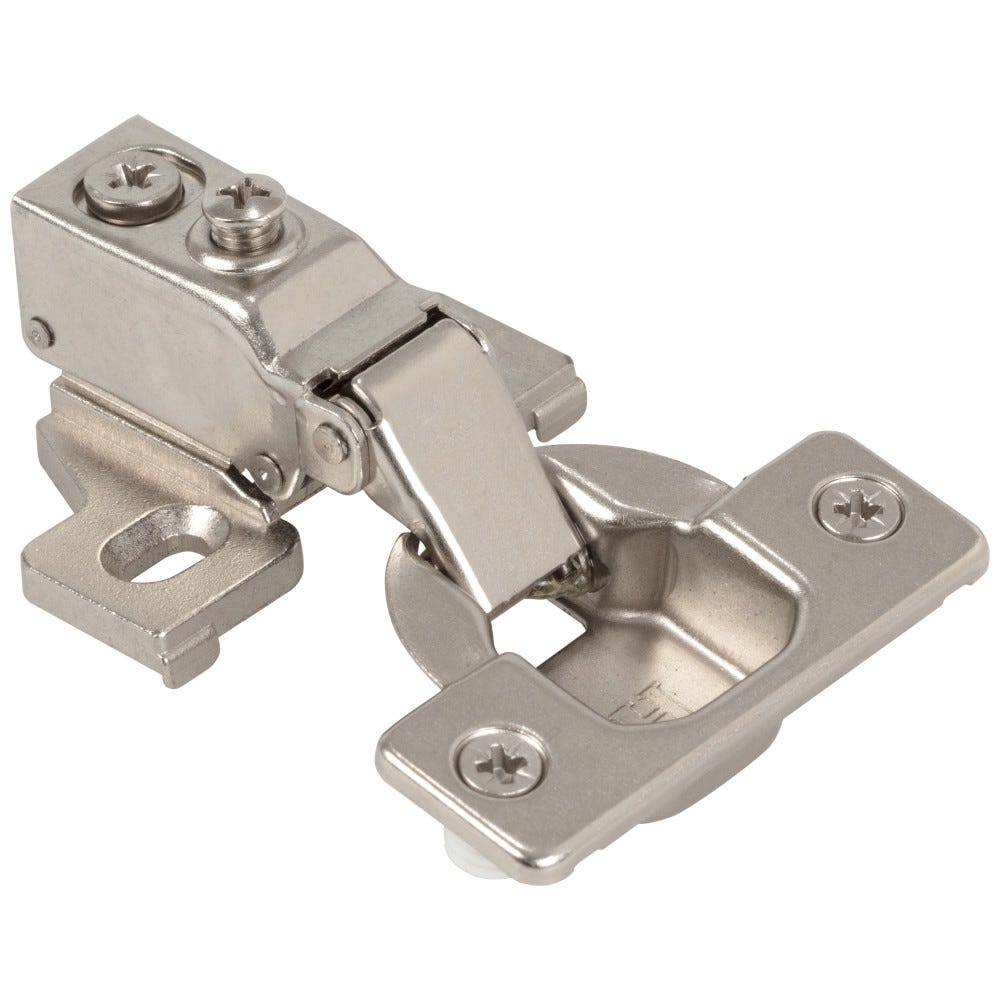 6-Way Cam-Adjustable Soft Close Hinge Nickel Plated Finish with Slotted Zinc Plate and Dowels