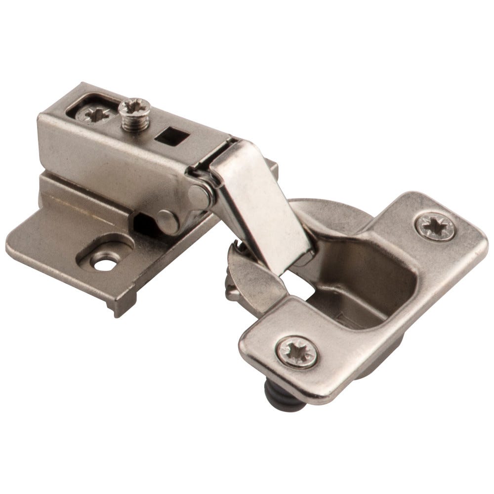 6-Way Cam-Adjustable 125 Degree Face Frame Hinge in nickel finish, designed for 1/2" overlay, made of durable zinc material