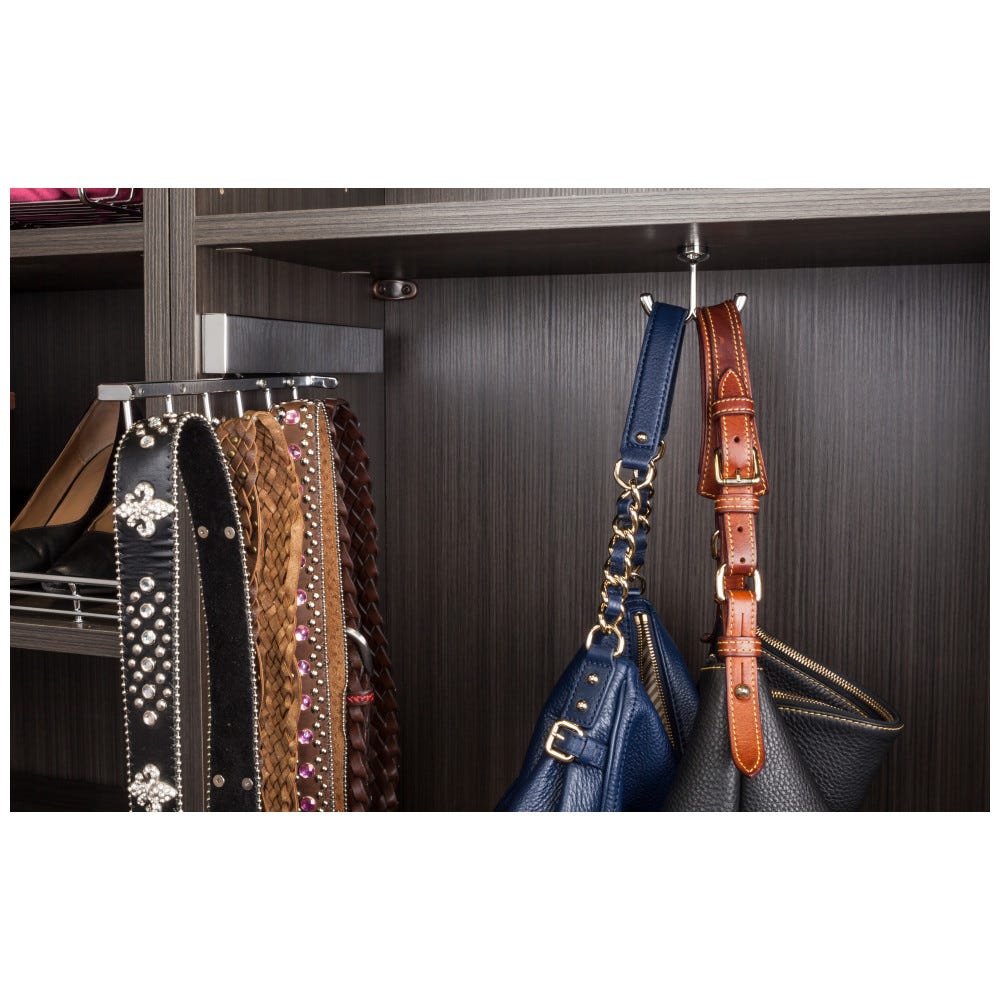 12" Sliding Belt Rack in sleek finish with 6 hooks for organized storage, made by Hardware Resources