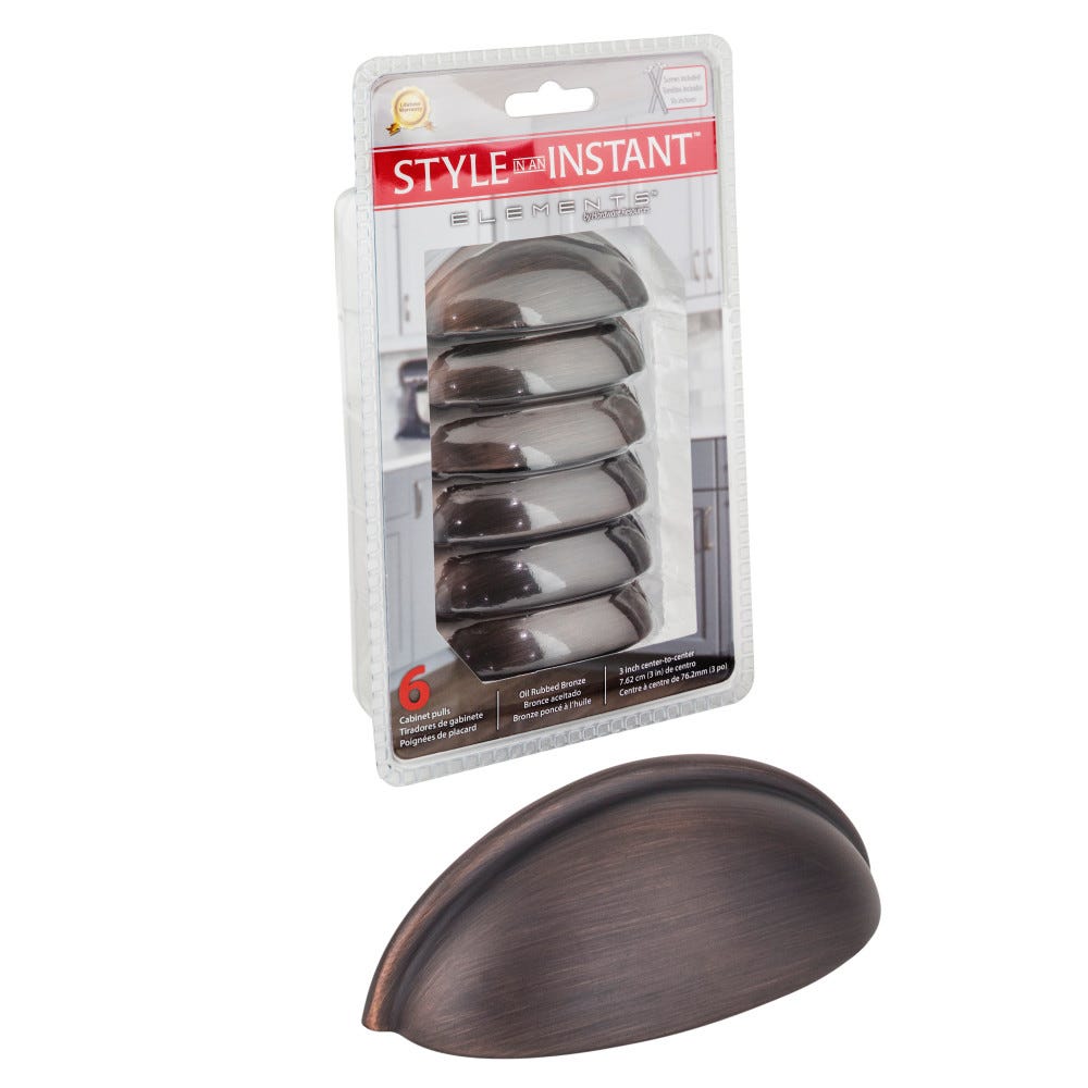 6-Pack Small Cup Cabinet Pulls in Oil Rubbed Bronze, Chrome, and Satin Nickel finishes, 3-11/16" overall length, decorative hardware for cabinets
