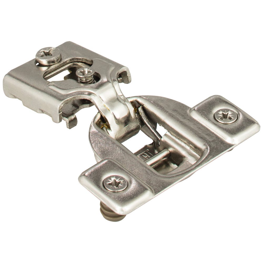 Economical 2-Cleat 1/2" Overlay Self-Close Cam Adjustable Face Frame Compact Hinge with 8 mm Dowels in silver finish